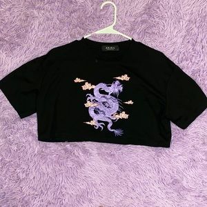 Black crop top with purple dragon and pink clouds